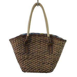 Womens Straw Handbag Blue Lined Beach Tote